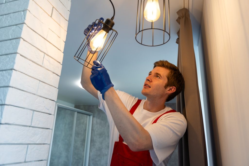 The electrician is installing a new light fixture in a residential home